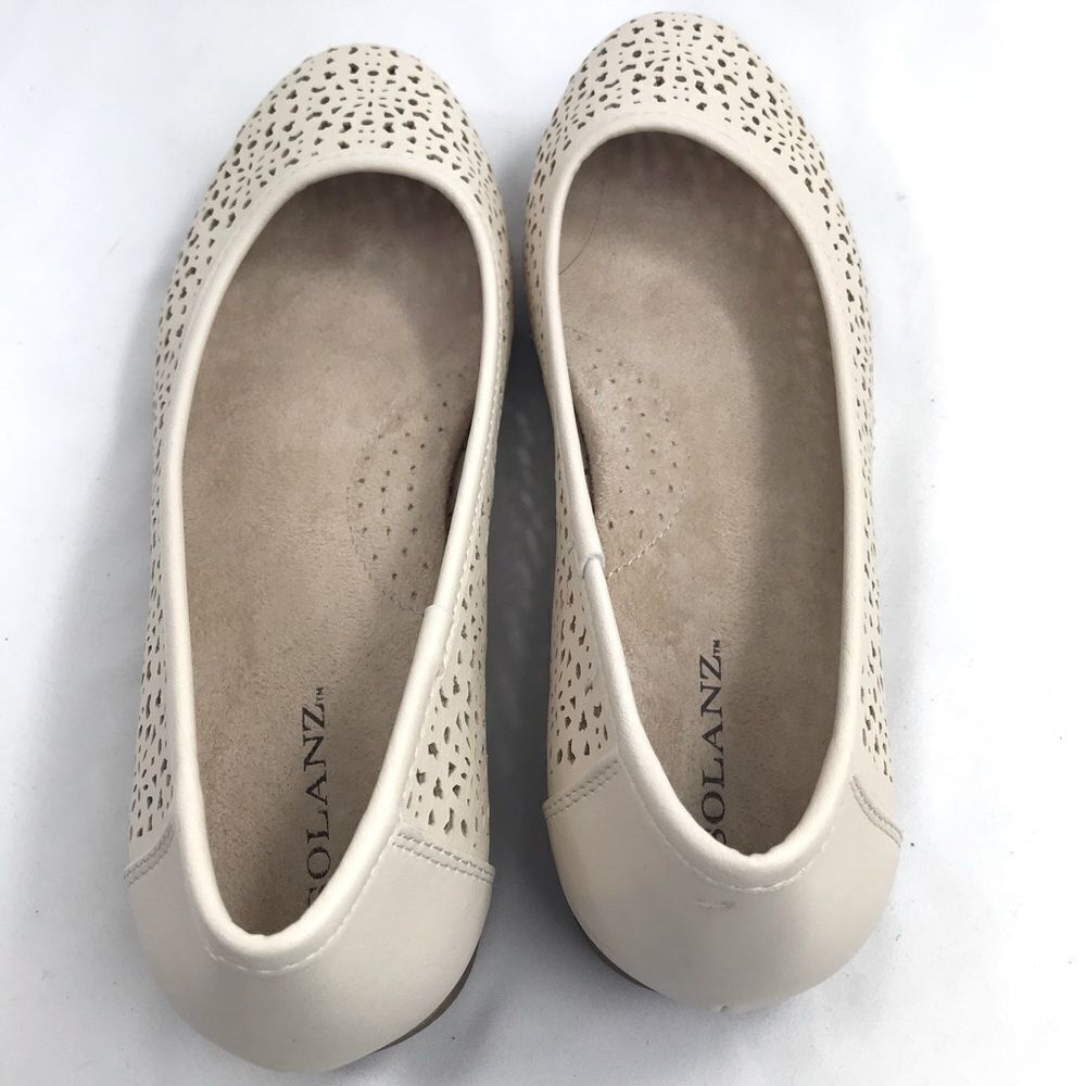 Solanz Cream Laser Cut Faux Leather Slip On Memory Foam Ballet Flats - Picture 5 of 14
